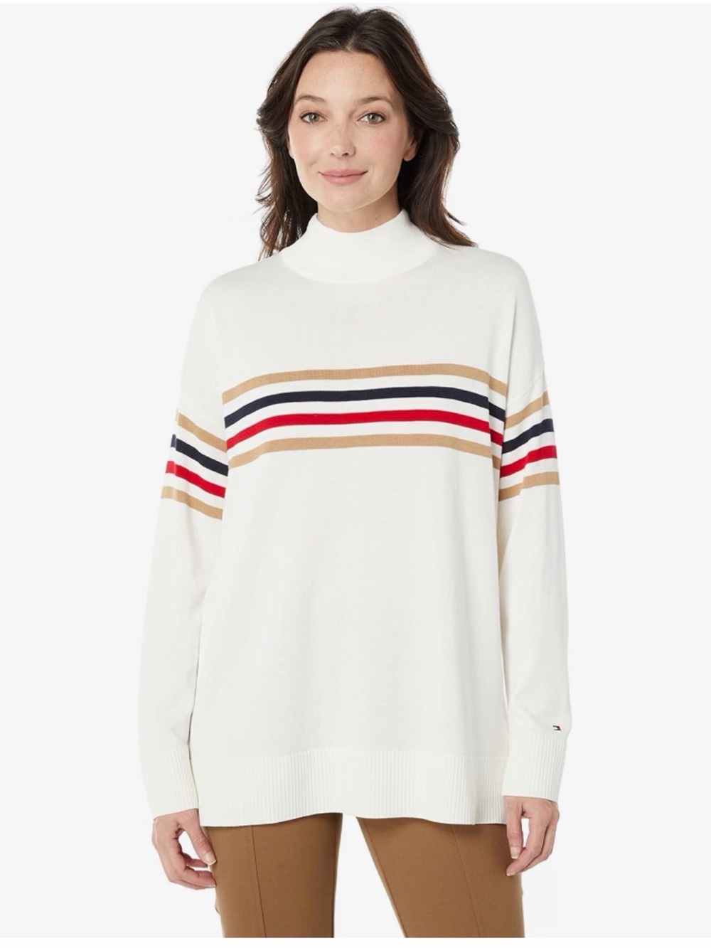 Tommy Hilfiger White Mock Neck Sweater with Red, Navy & Tan Stripes